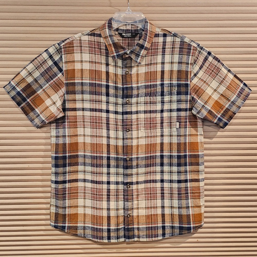 Outdoor Research Weisse Plaid Shirt Mens L Hemp Organic Cotton Brown Button-up